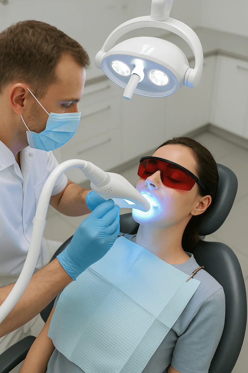 a woman getting her teeth checked by a dentist