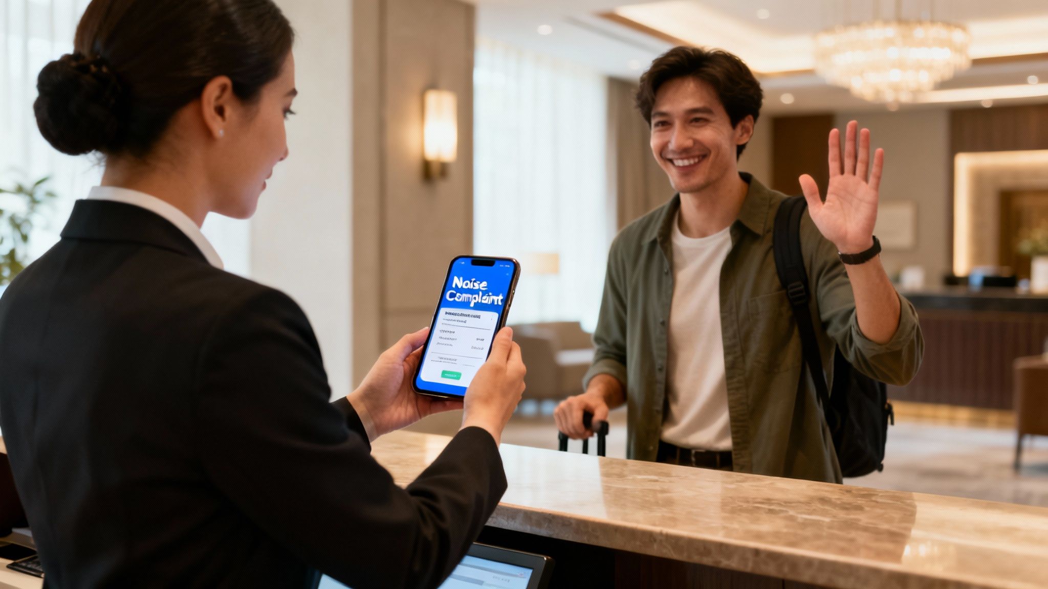 Hotel staff shows a customer a mobile app for submitting a noise complaint.