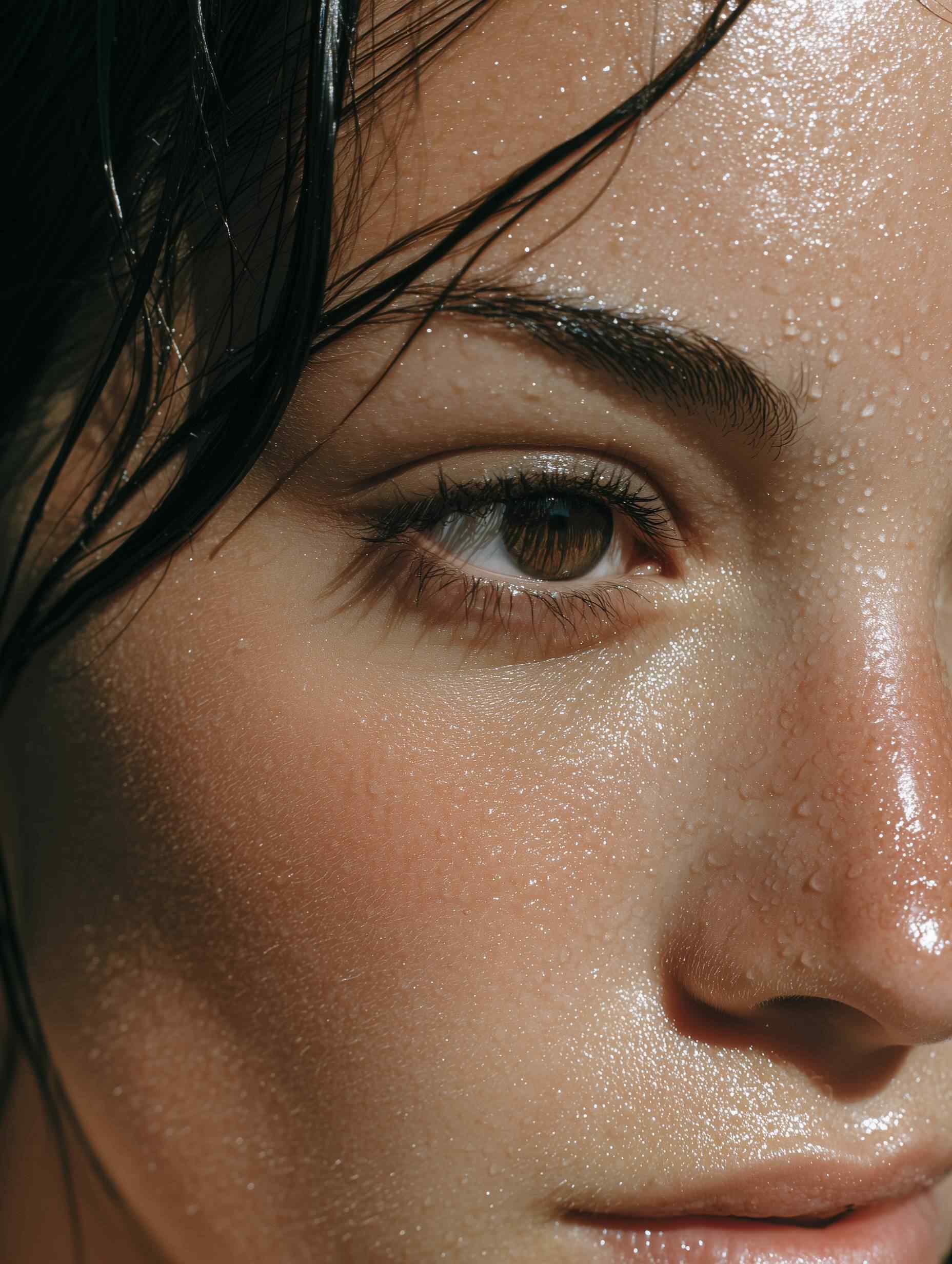 Woman's face with glossy skin texture