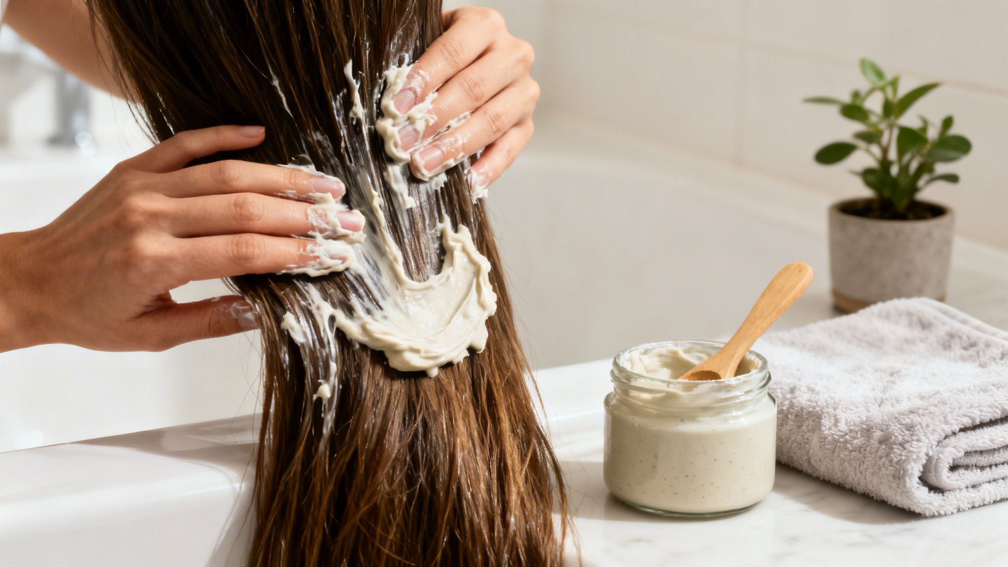 Close-up of hands applying creamy hair mask to long brown hair in a bright bathroom setting.