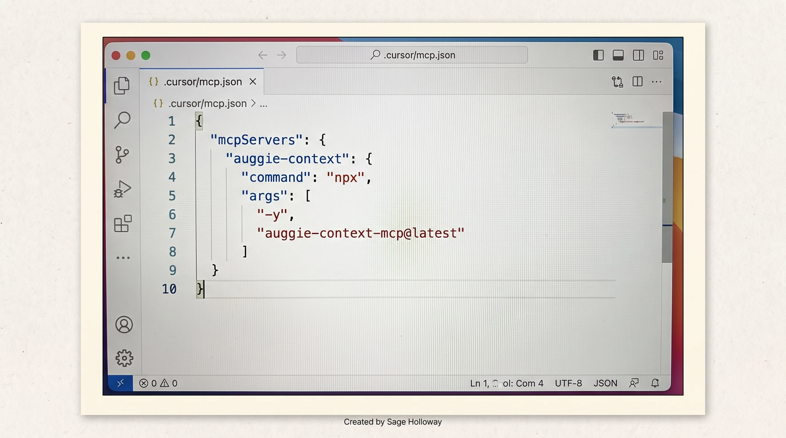 Cursor editor showing mcp.json with auggie-context npx server configuration