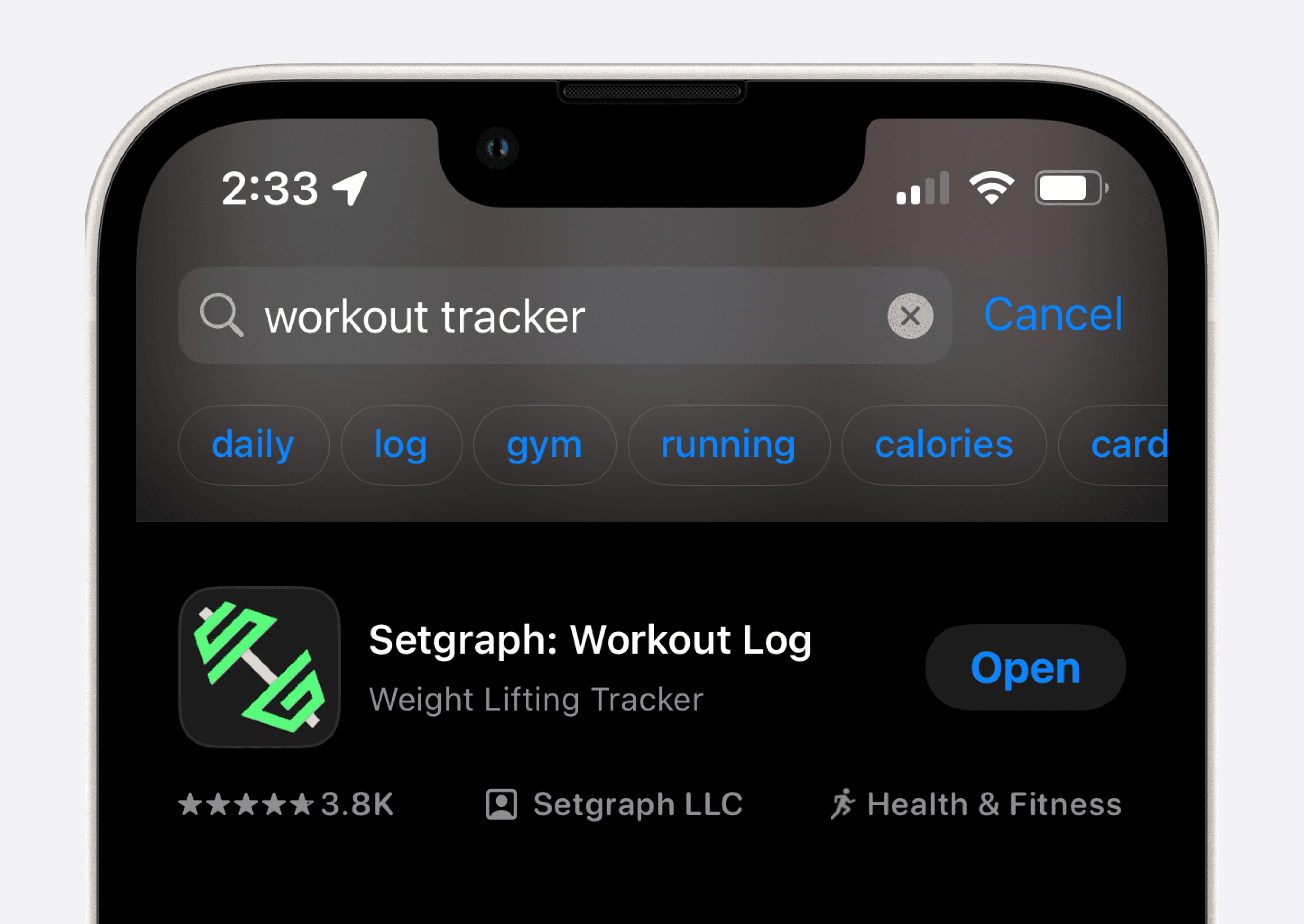 A smartphone screen displaying a search for 'workout tracker' in an app store. Suggested search tags like 'daily,' 'log,' 'gym,' 'running,' and 'calories' are visible. Below, the app 'Setgraph: Workout Log' is displayed with a green and black dumbbell icon, a rating of 3.8K reviews, and categorized under 'Health & Fitness.' The app's button indicates it is already installed with an 'Open' option.