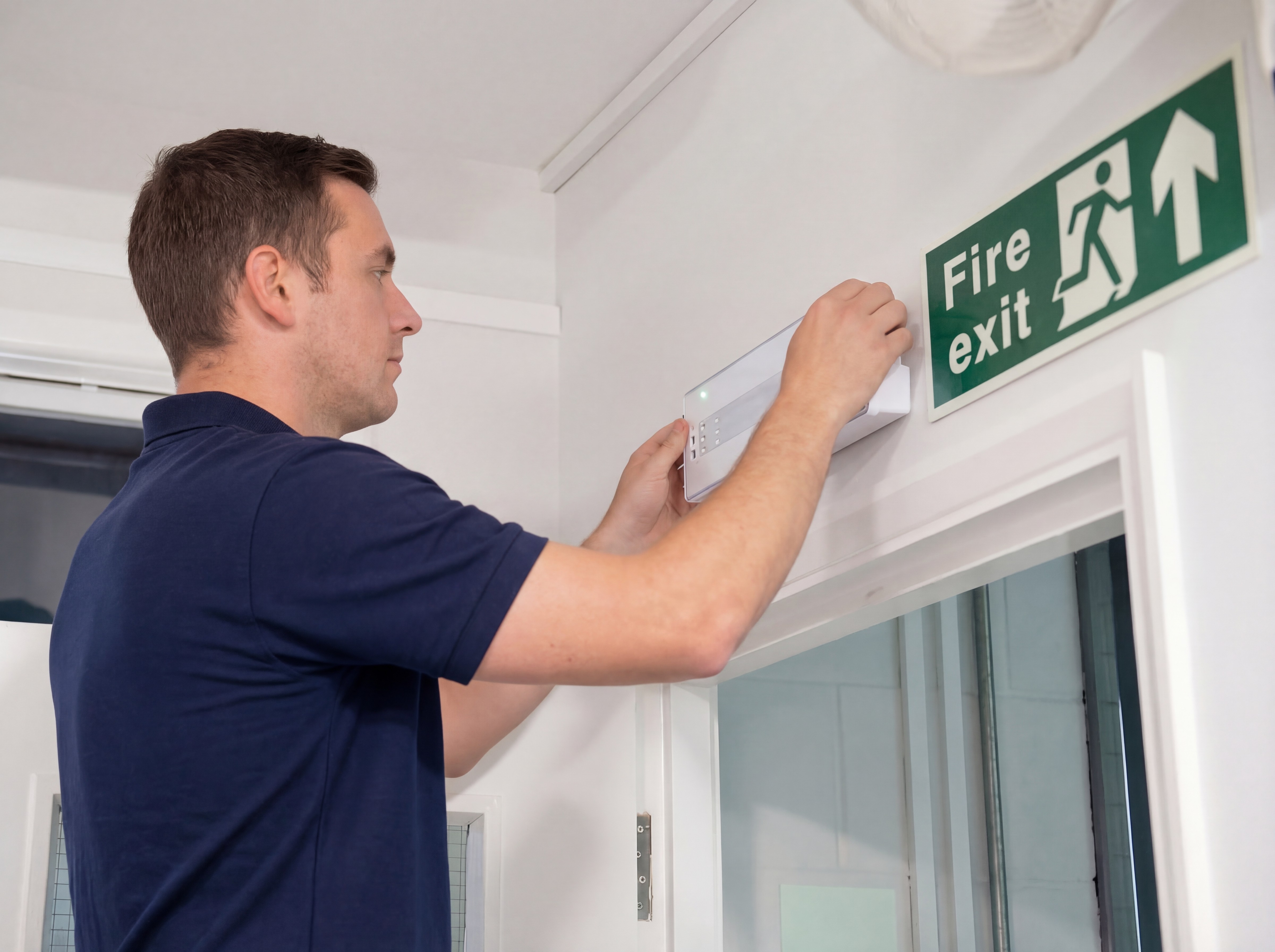 MultiCerts engineer testing an emergency light above a fire exit door