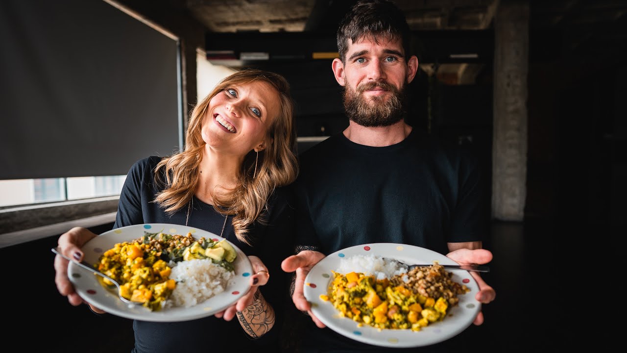 Bre and Flo enjoying a nutritious plant-based meal with vegetables, grains, and legumes, representing a balanced and mindful approach to healthy eating.