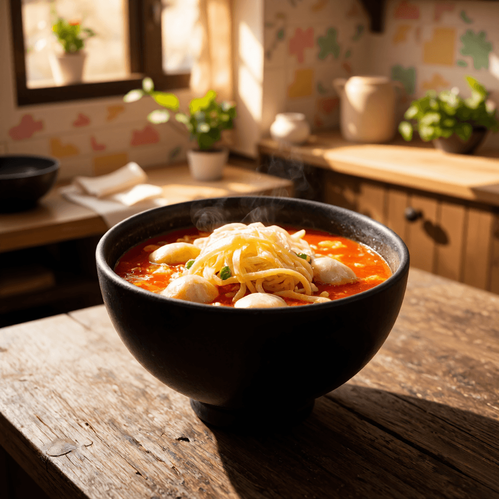 product photography of a bowl of spicy noodle soup with cheese and dumplings
