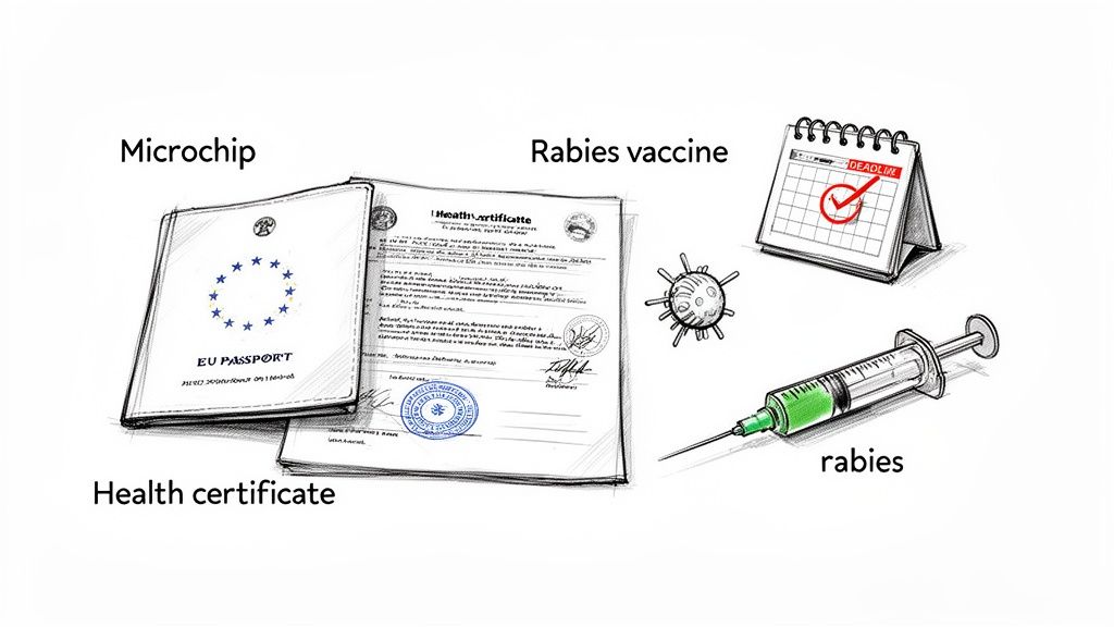 An illustration showing an EU passport, health certificate, microchip, rabies vaccine syringe, virus, and deadline calendar for pet travel.