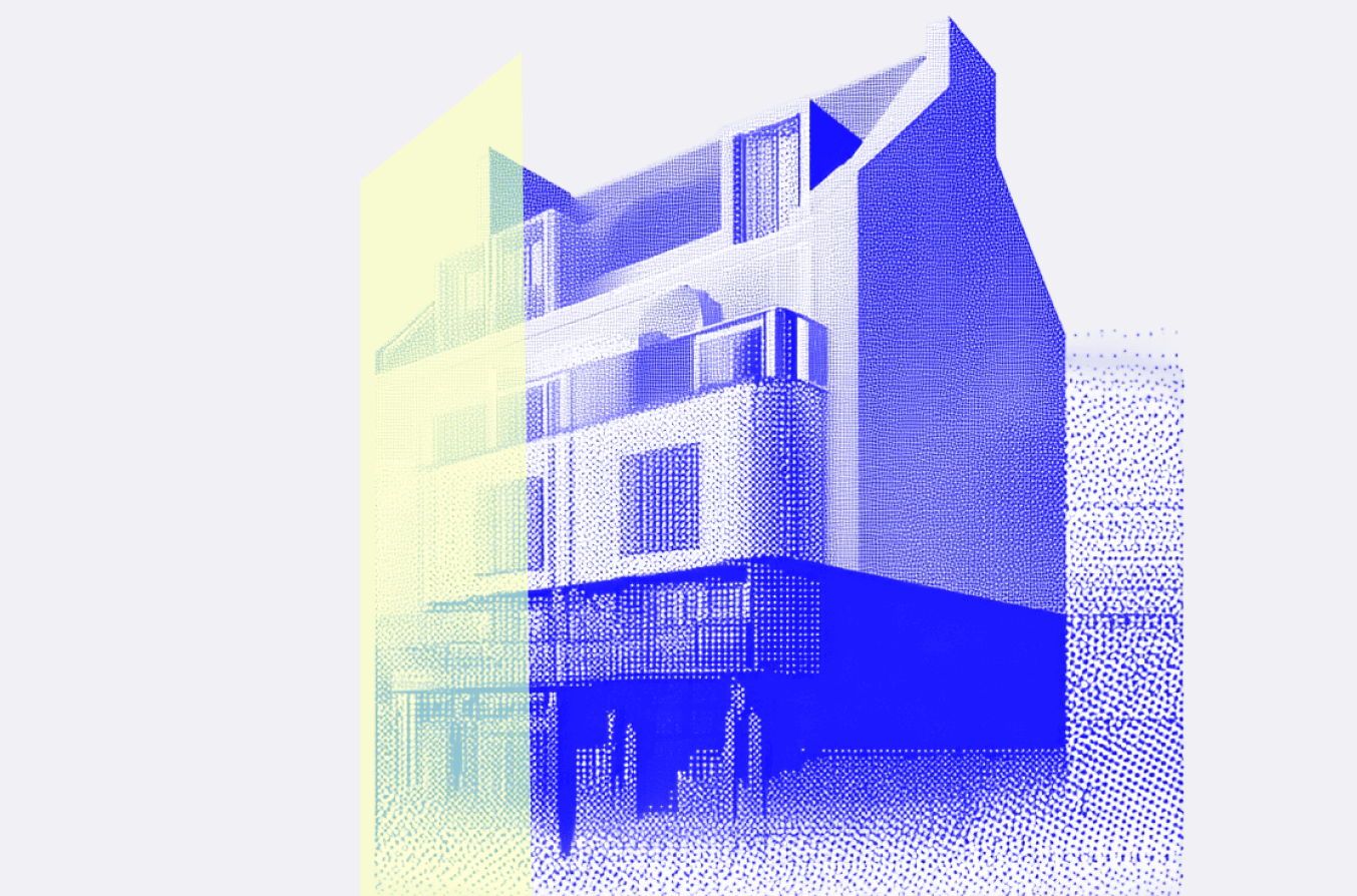 A digital illustration of a modern apartment building, featuring a geometric design rendered in shades of blue and yellow, representing innovative architecture; ideal visual for articles on property management software and landlord resources.