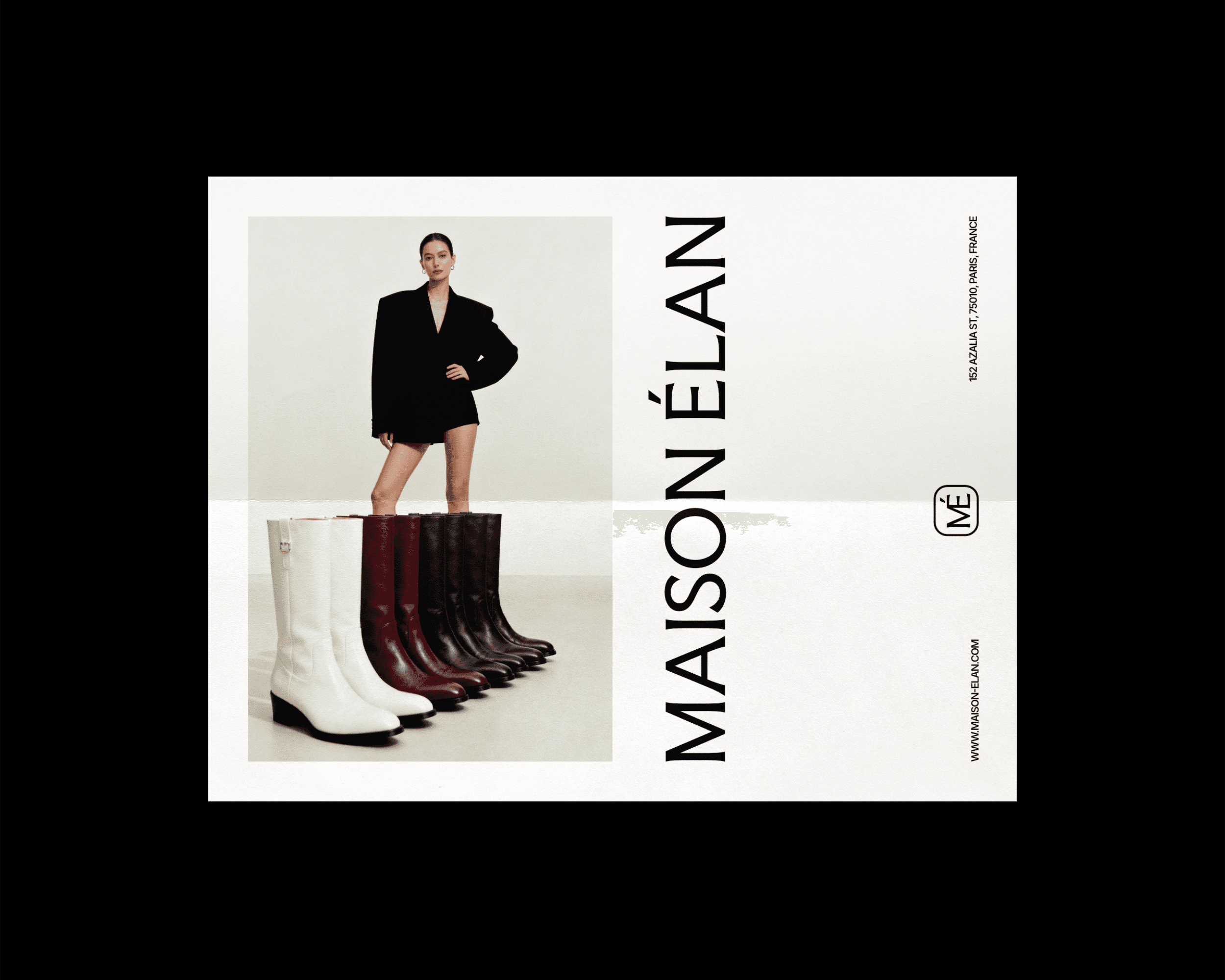 A Maison Élan poster design that features an image of a woman wearing a blazer standing behind a collection of shoes. The brand logo is printed on the poster.