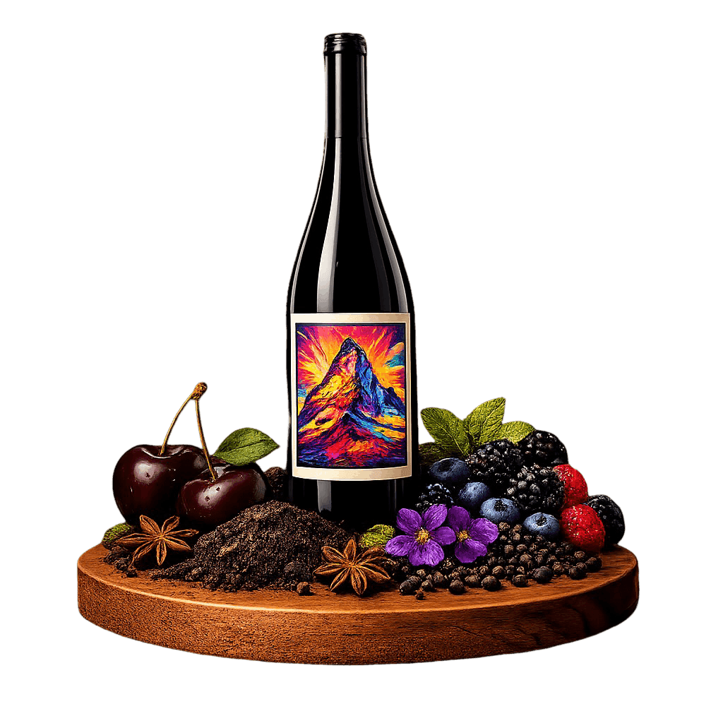 Artistic label and flavor profile for Valais Cornalin on a rustic wooden table.