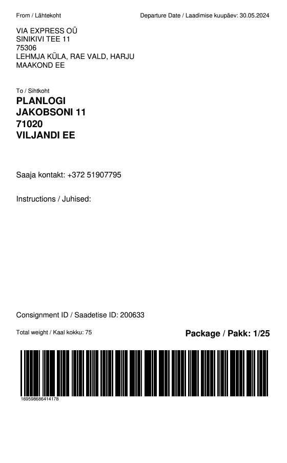 Pakkelehe näide saaja andmete, saadetise numbri ja vöötkoodiga