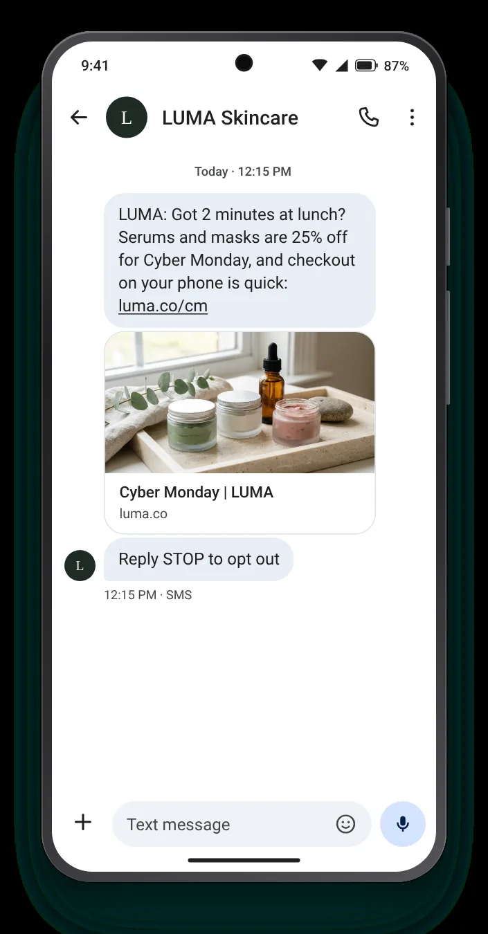 Timed for the midday scroll Cyber Monday text on an Android phone