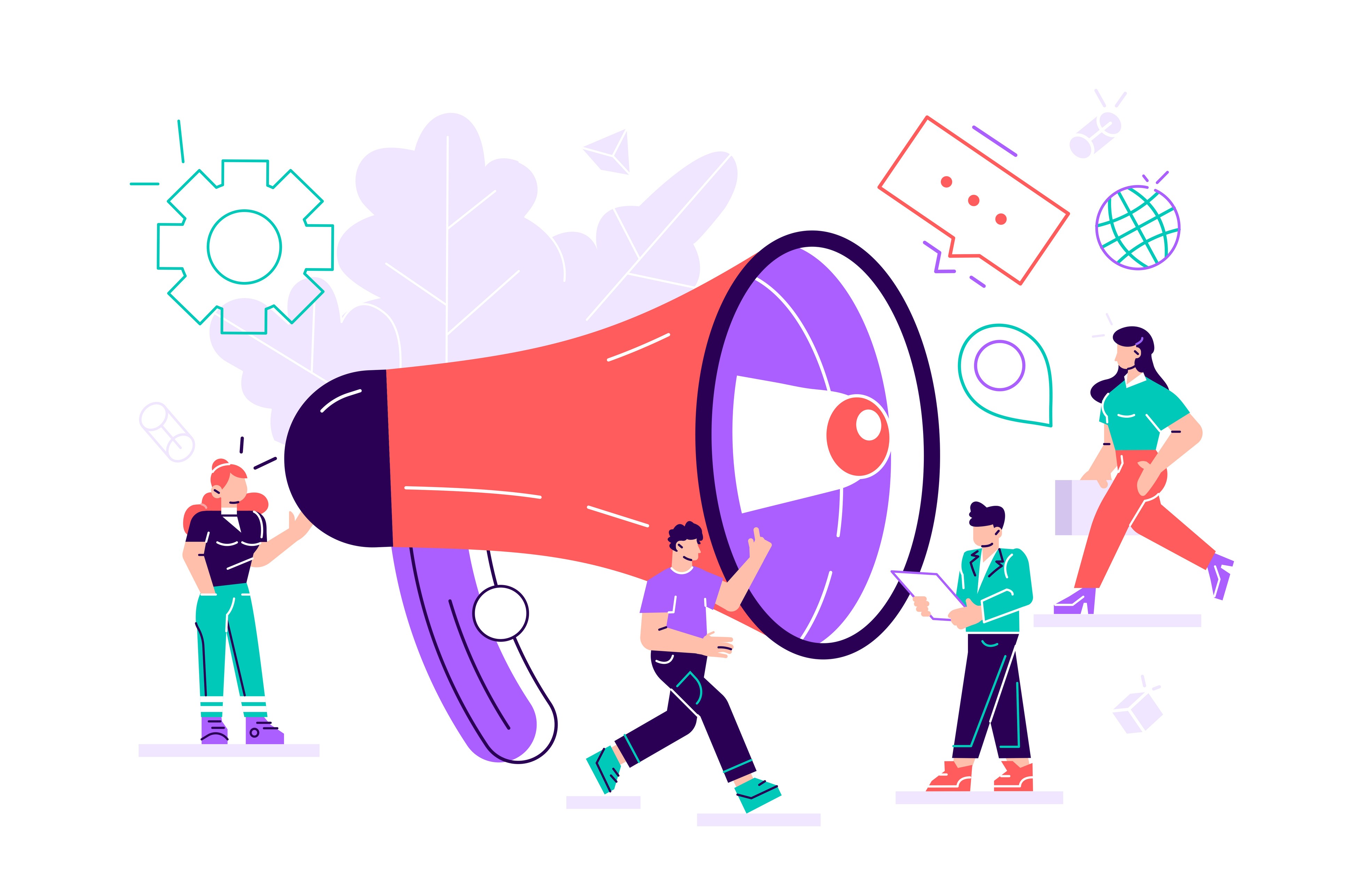 Flat illustration of marketers surrounding a large megaphone with global and messaging icons representing influencer marketing outreach