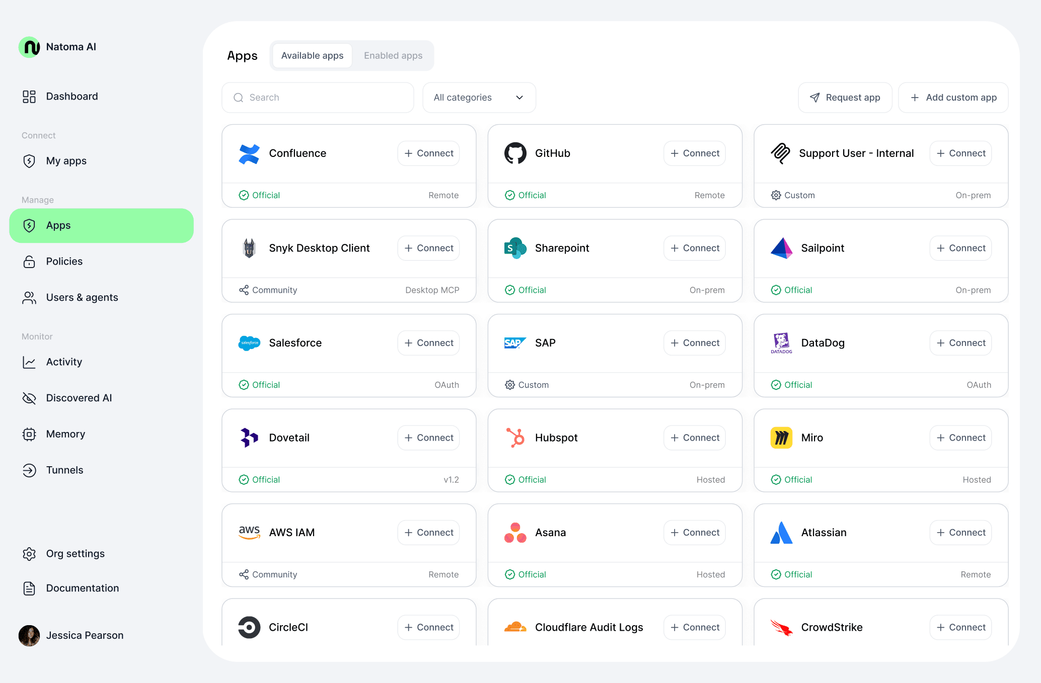 A screenshot of the Natoma interface, showing available MCP servers for an enterprise organization