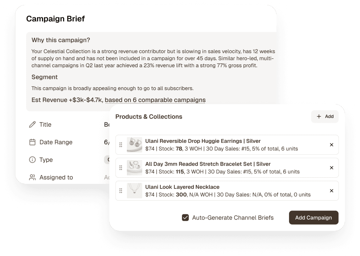 Marklo campaign canvas with a pre-populated brief ready to edit, showing product, offer, and channel breakdown