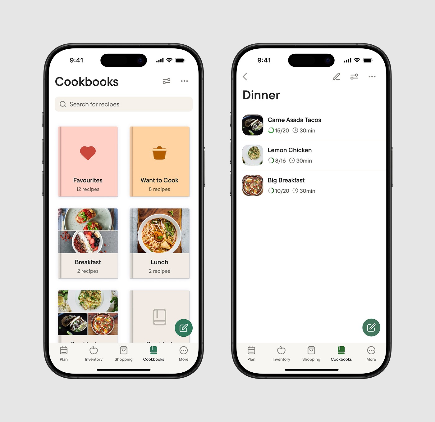 Cookbooks and Cookbook Detail (Dinner) screens.