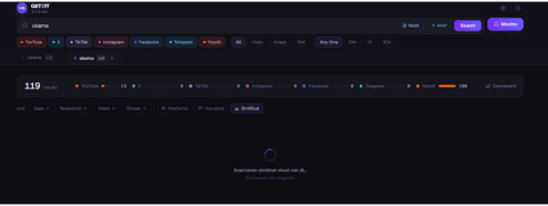 Woody Vision dashboard demonstrating automated visual narrative grouping. The AI engine is shown analyzing 80 images simultaneously to identify visual patterns and similarities, helping broadcasters and content managers track how images spread across multiple social networks in seconds.