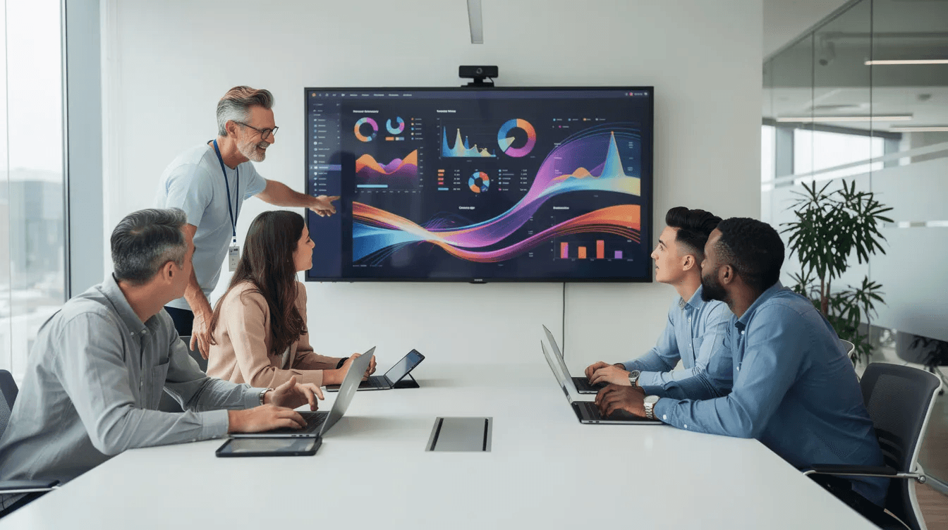Une équipe diversifiée de professionnels collabore autour d'un grand écran affichant des graphiques animés colorés dans un bureau moderne et lumineux. Cette scène illustre l'importance du motion design et de la formation en e-learning pour stimuler la créativité et l'engagement des apprenants.