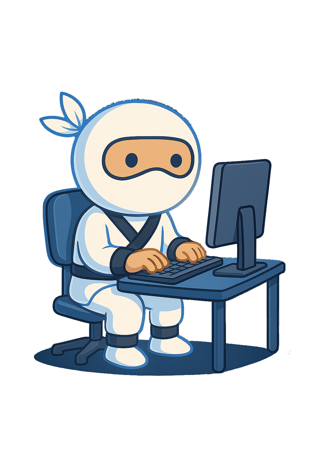 Cartoon ninja character sitting at a desk using a computer.