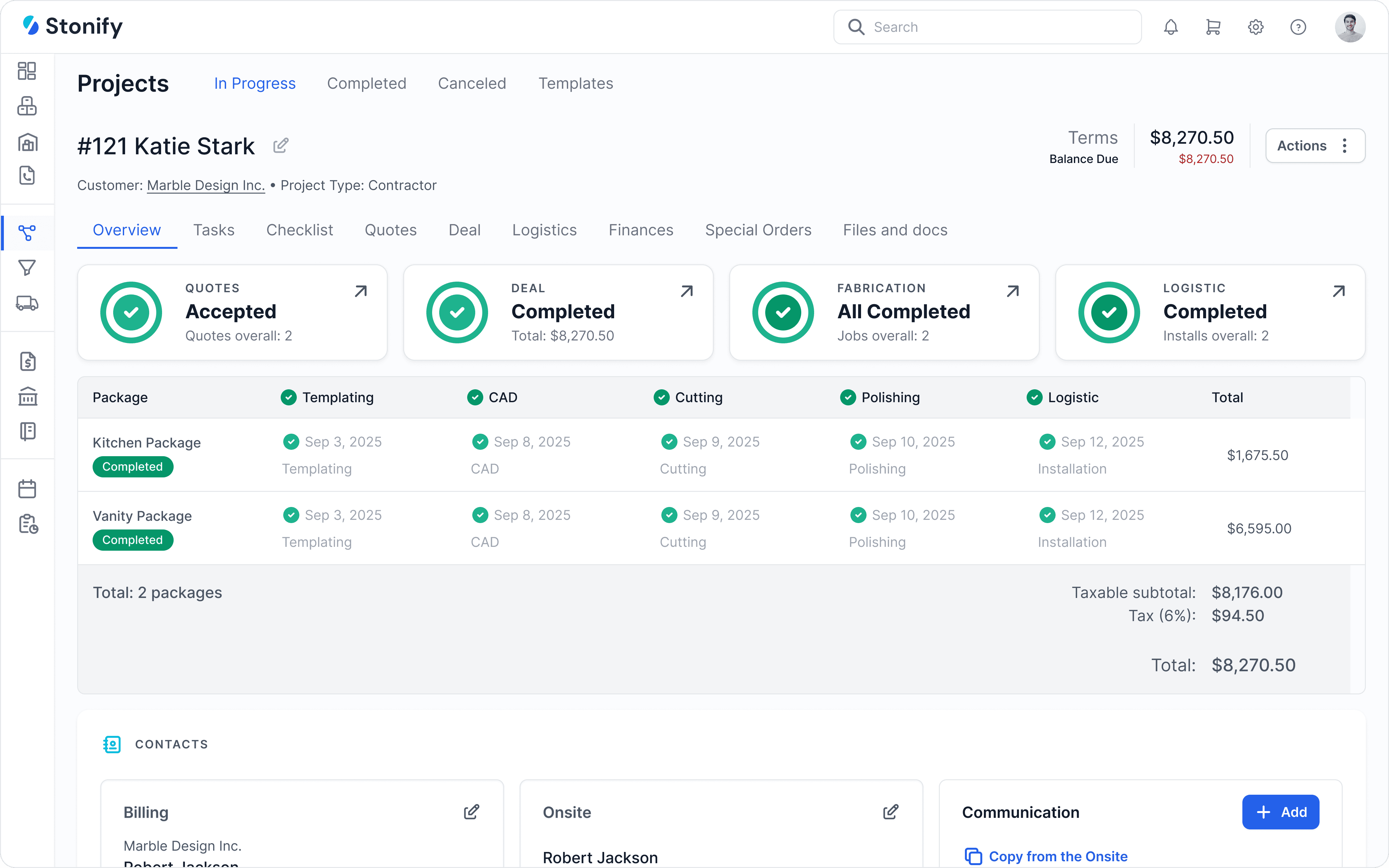 Stonify ERP dashboard showing a stone fabrication project with quotes, fabrication progress, logistics tracking, and job totals.