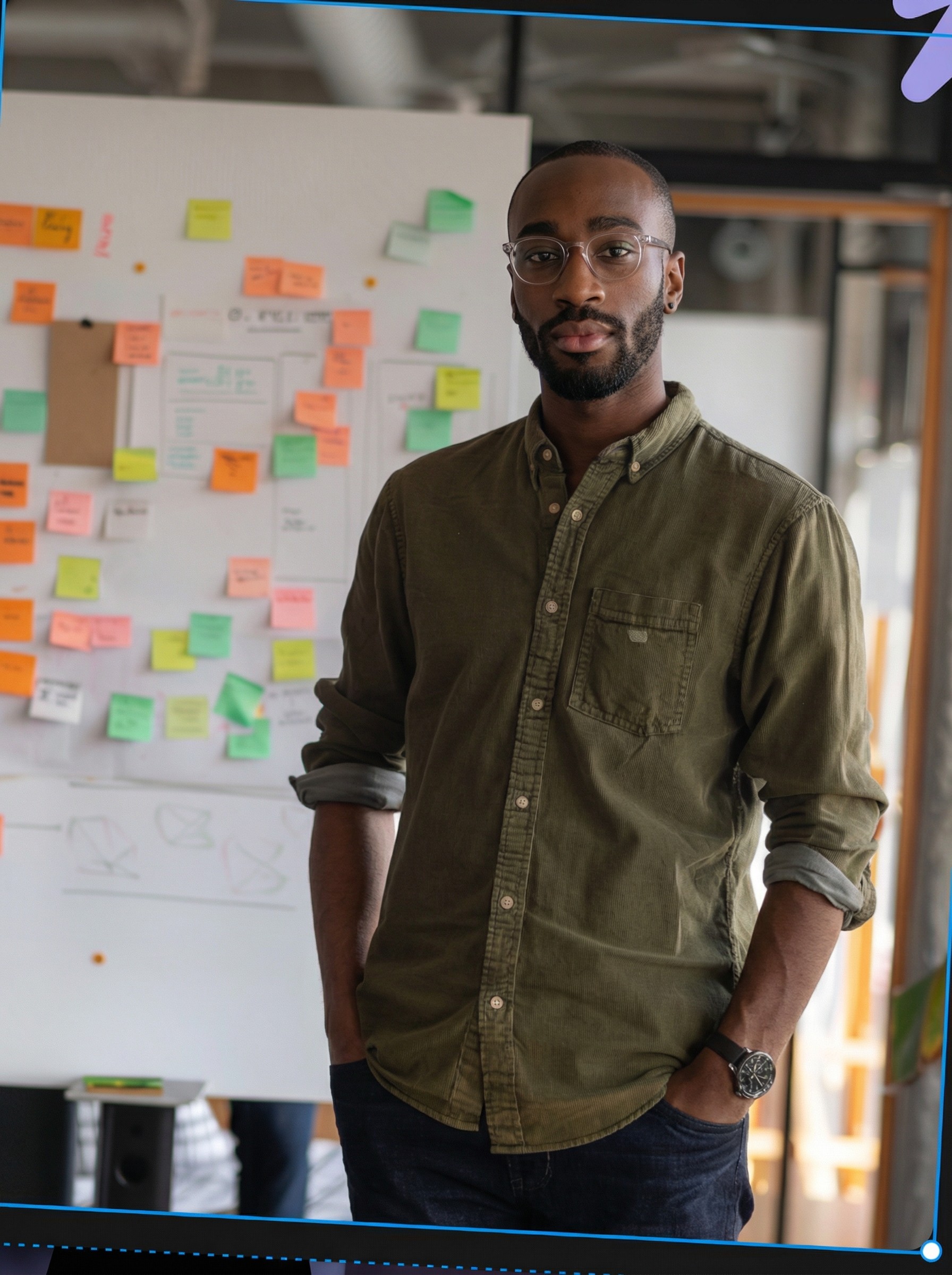 Team member presenting in front of task board, representing collaborative planning.