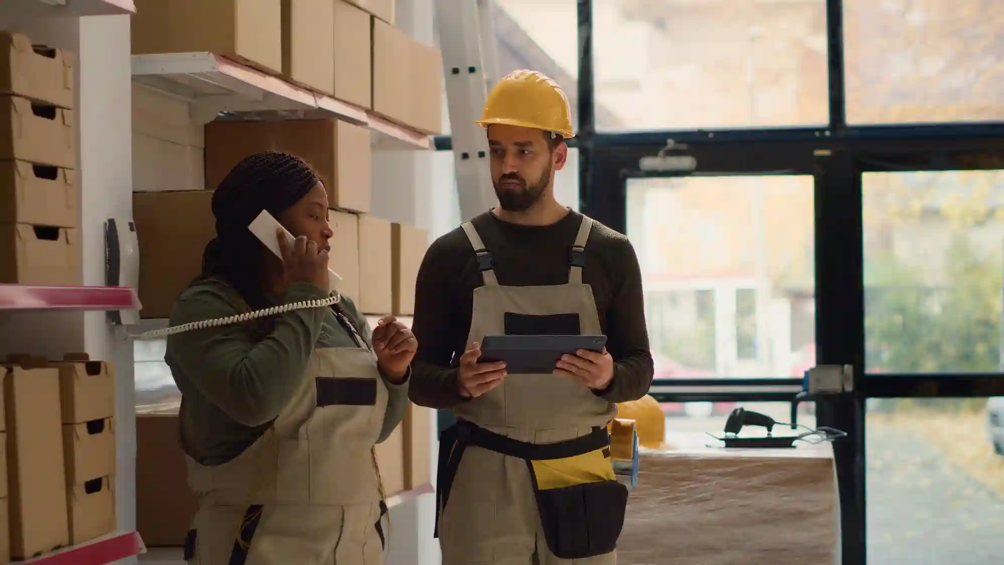 Two warehouse workers using a digital tablet to manage inventory, showing how technology streamlines supply chain operations.