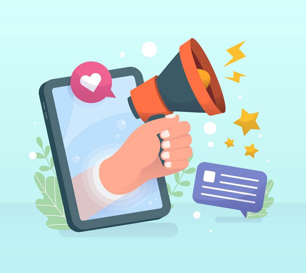 Hand holding a megaphone emerging from a smartphone with likes, stars, and a message bubble representing social media marketing