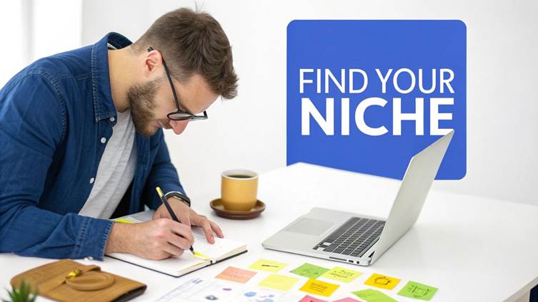 A man writing in a notebook at a white desk with a laptop and 'FIND YOUR NICHE' graphic.