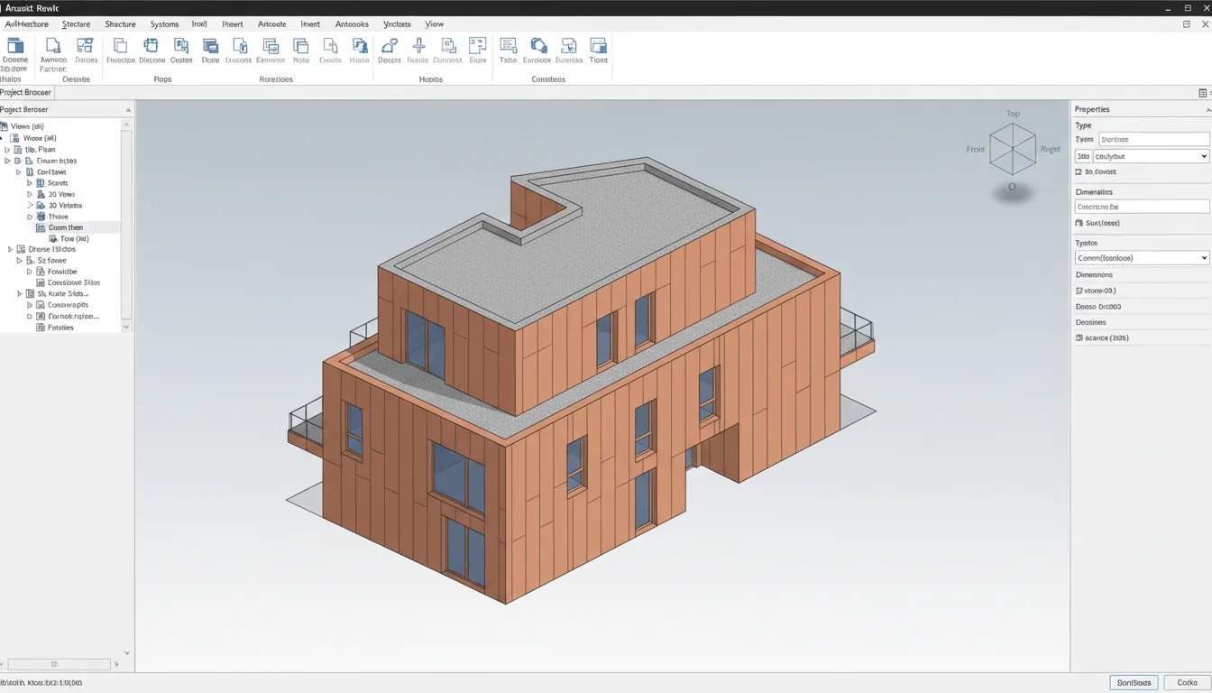Screenshot of the Autodesk Revit software interface in Clean Light Mode, displaying a complex BIM project. The layout features a top ribbon toolbar filled with professional tool icons, a left sidebar with a project browser file tree, and a right sidebar with a properties panel containing abstracted text lines and UI elements. The central viewport shows a 3D orthographic model of a modern, multi-level building with terracotta-colored walls and speckled gray flat roofs. A 3D navigation cube is visible in the corner of the viewport.