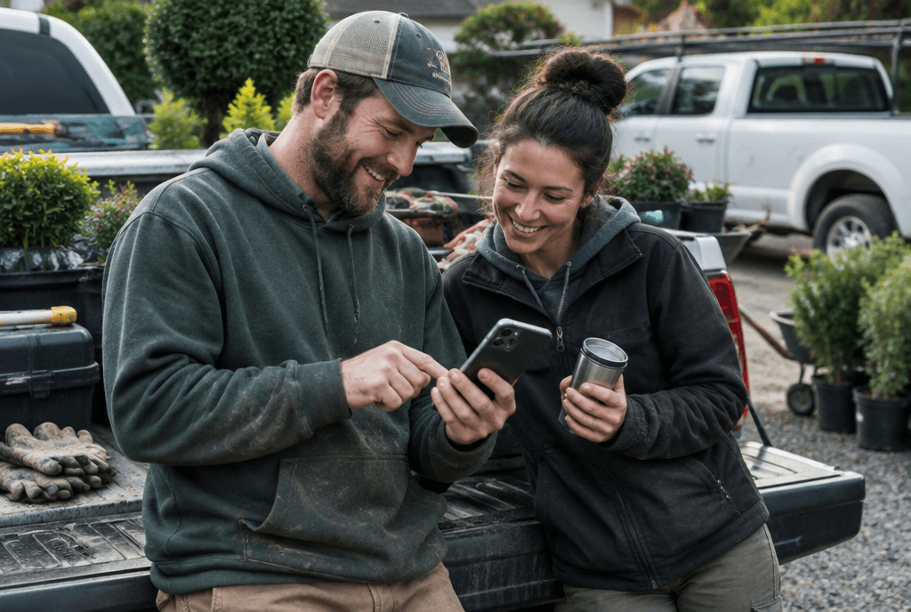 Small business owner celebrating a website launch with a developer at a laptop