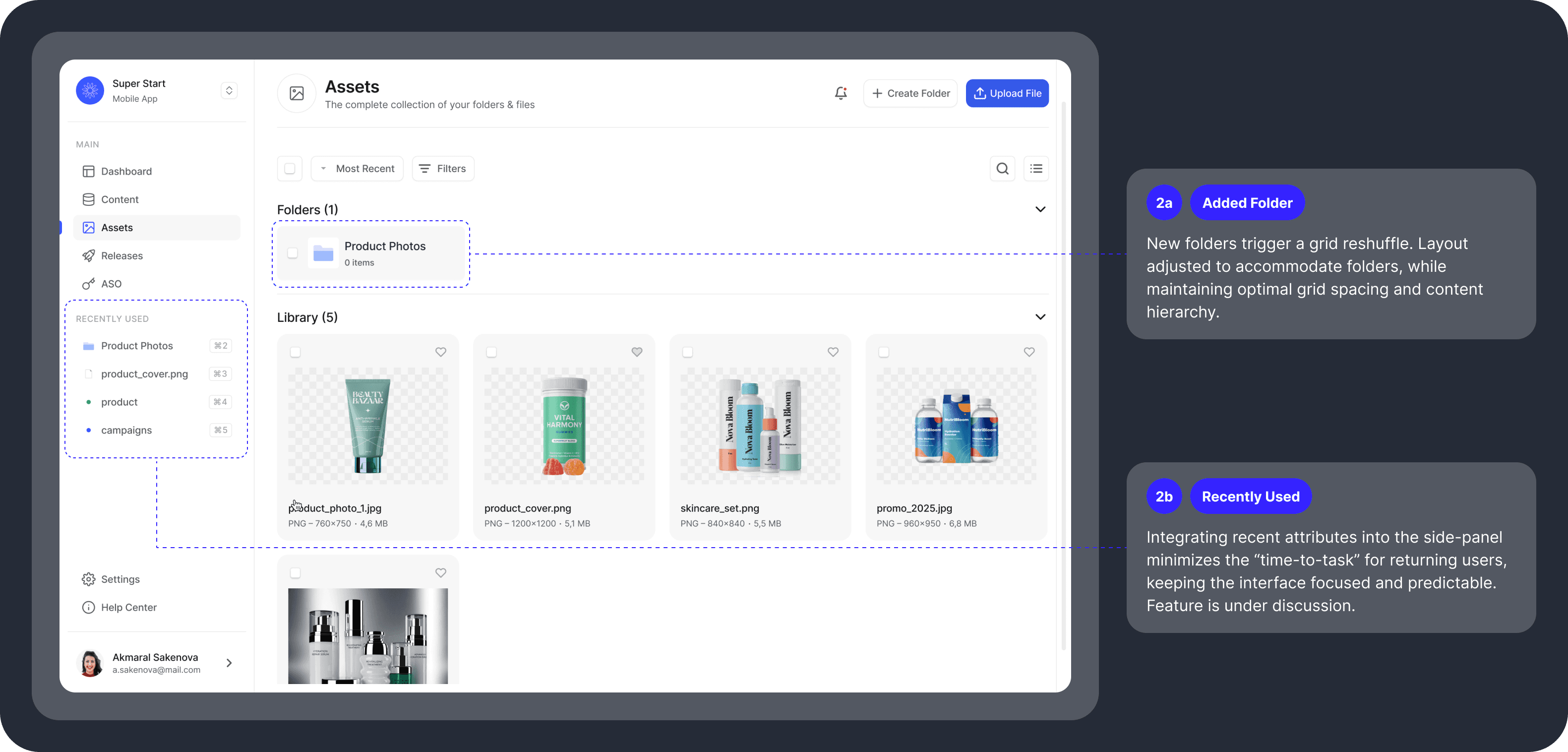 Digital asset manager interface with technical annotations explaining layout logic