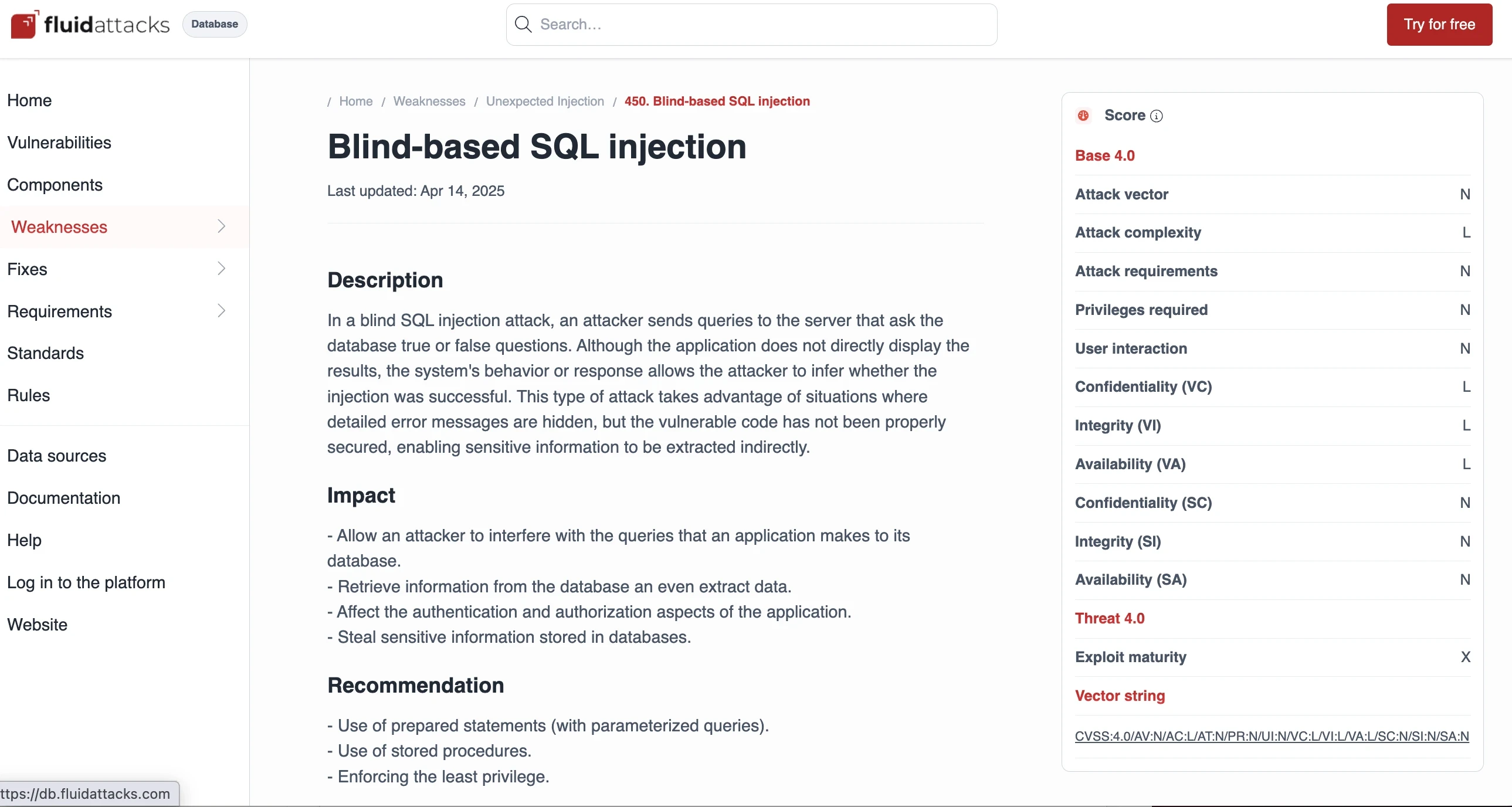 Entrada de inyección SQL ciega en la Fluid Attacks Database
