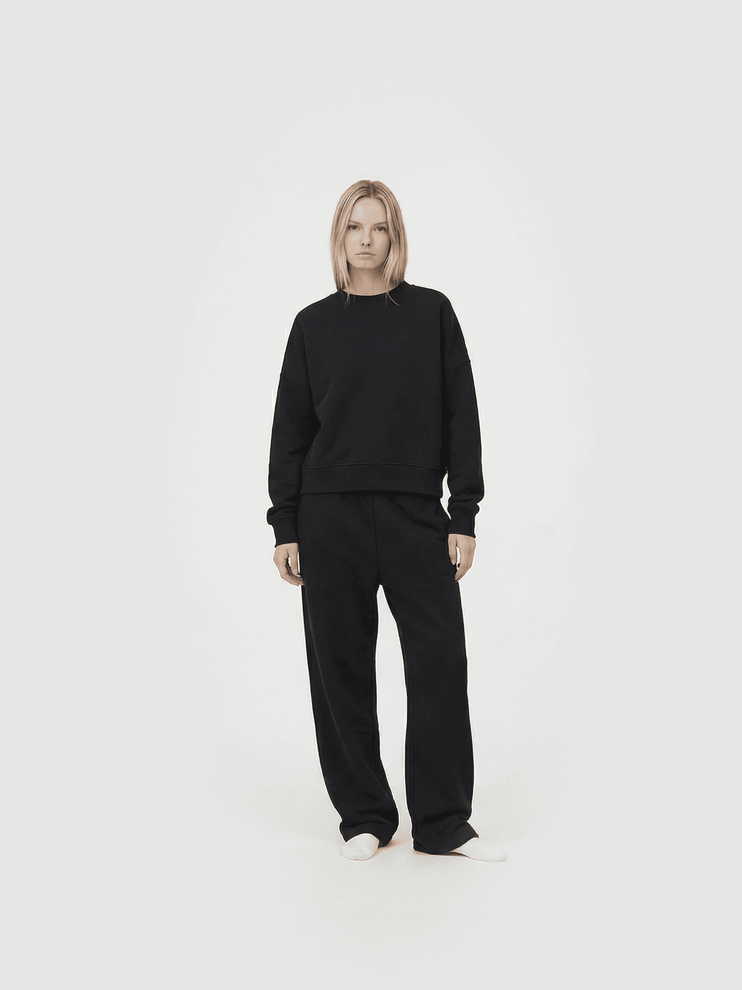 Heavyweight classic crew T-shirt in black — front view on model.