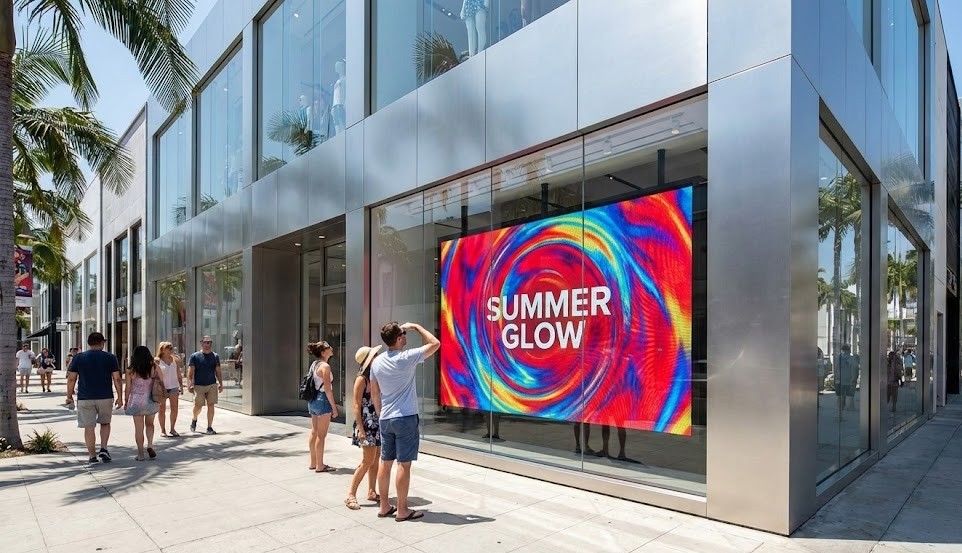 Uma fachada moderna de loja em dia ensolarado, com um grande ecrã LED brilhante mostrando "SUMMER GLOW" em cores vibrantes. Pedestres na calçada observam a tela. A arquitetura é de vidro e metal, com palmeiras. A luz solar é intensa.