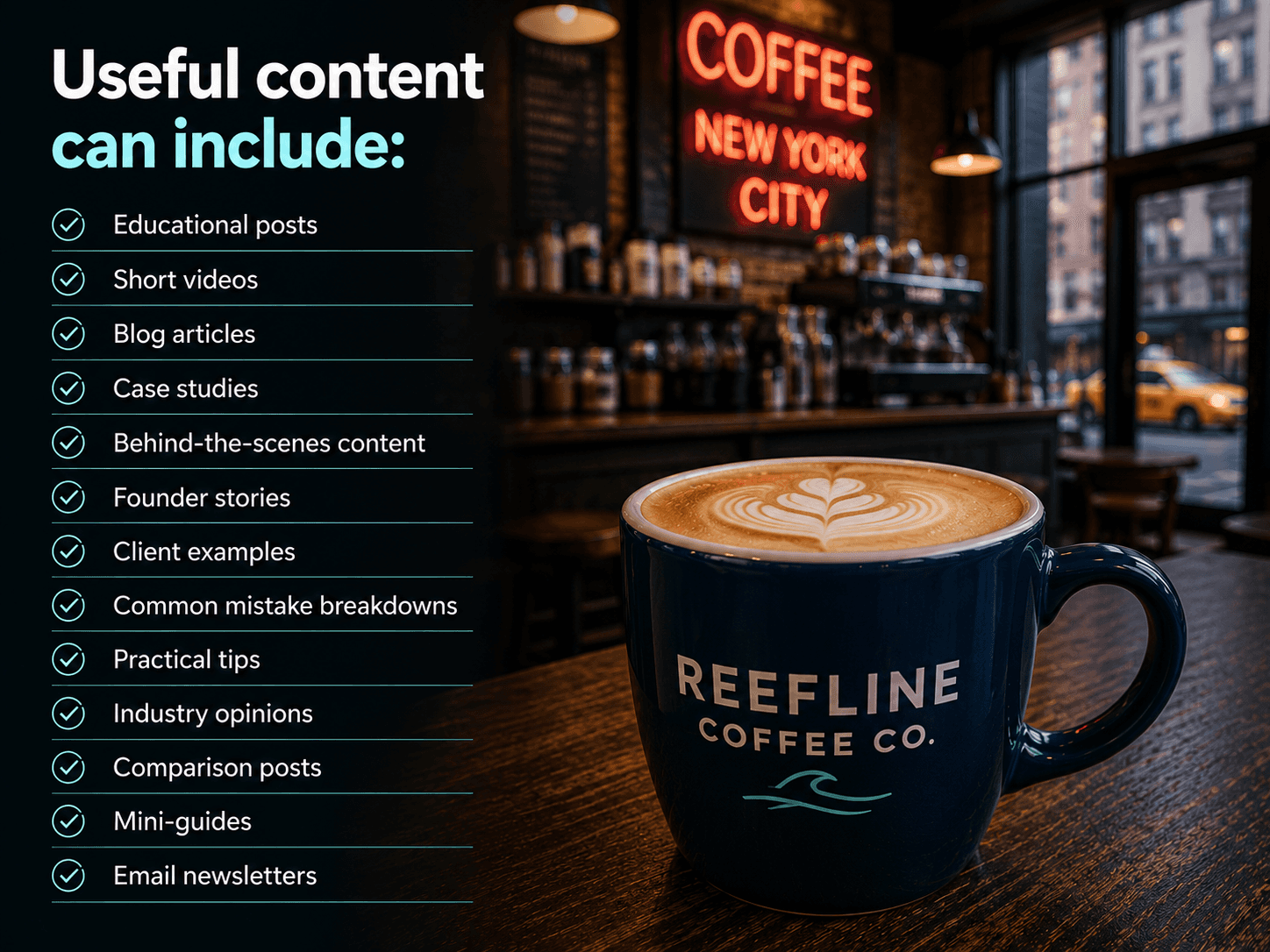 Educational posts Short videos Blog articles Case studies Behind-the-scenes content Founder stories Client examples Common mistake breakdowns Practical tips Industry opinions Comparison posts Mini-guides Email newsletters A nice coffee photo is fine.