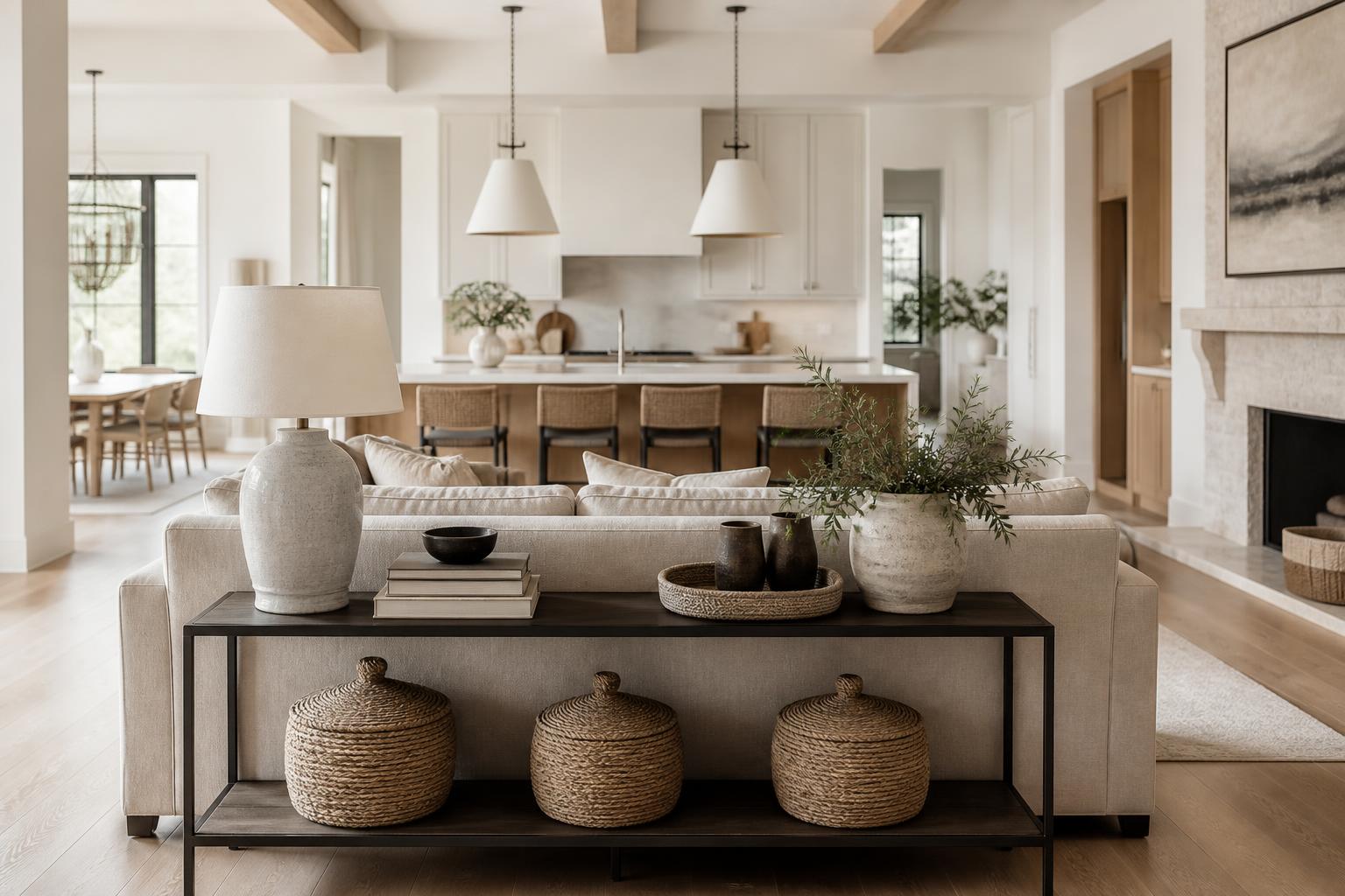 Bright modern open-concept living room and kitchen with beige sofa, wood beams, fireplace, pendant lighting, and stylish neutral farmhouse decor.
