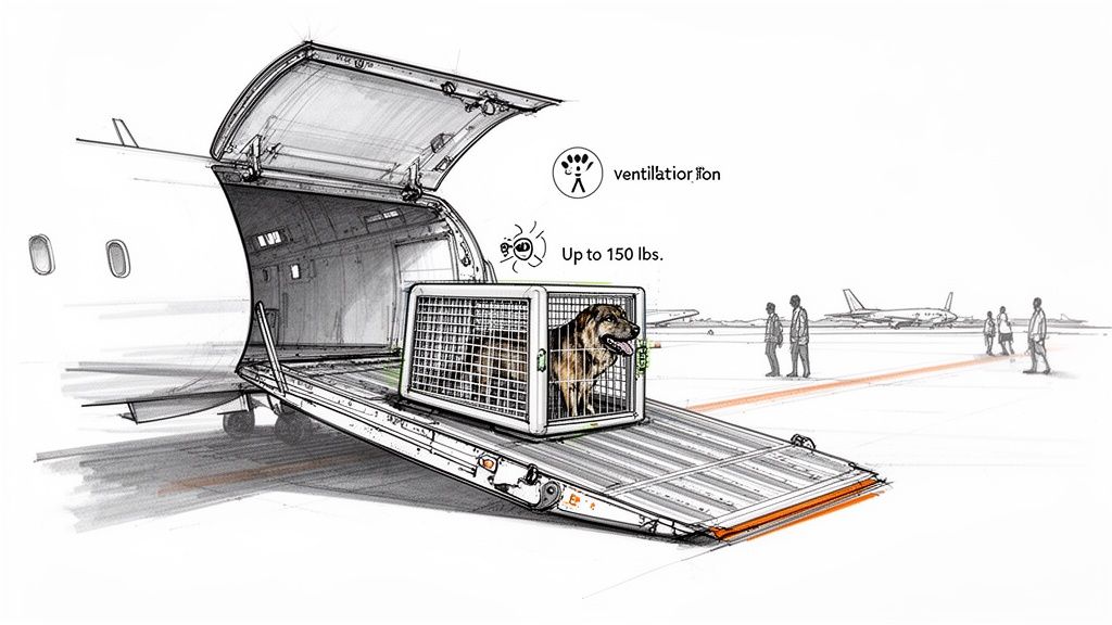 Sketch of a dog in a ventilated pet crate being loaded into an airplane cargo hold, highlighting a 150 lbs weight limit.