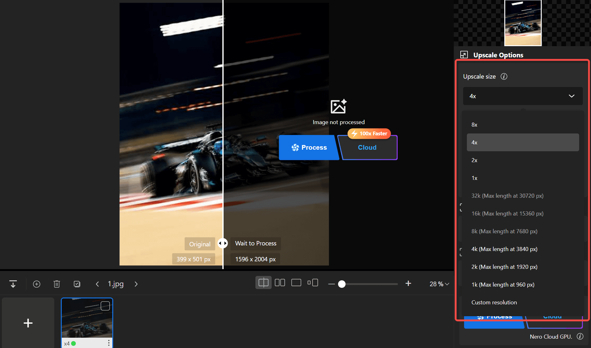 Selecting the upscale size in Nero AI Image Upscaler Desktop