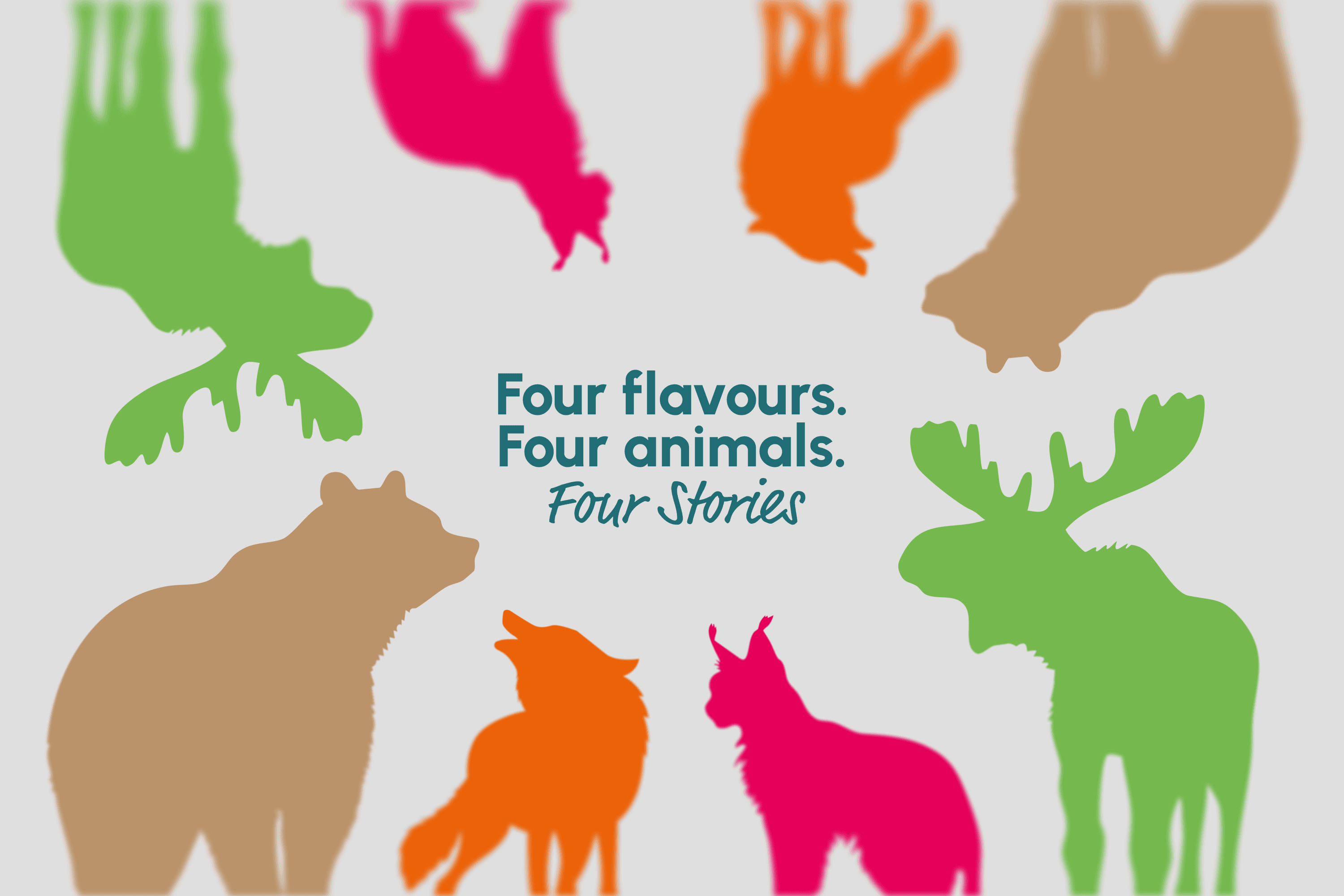 Animal silhouettes with text: Four flavours. Four animals. Four Stories.