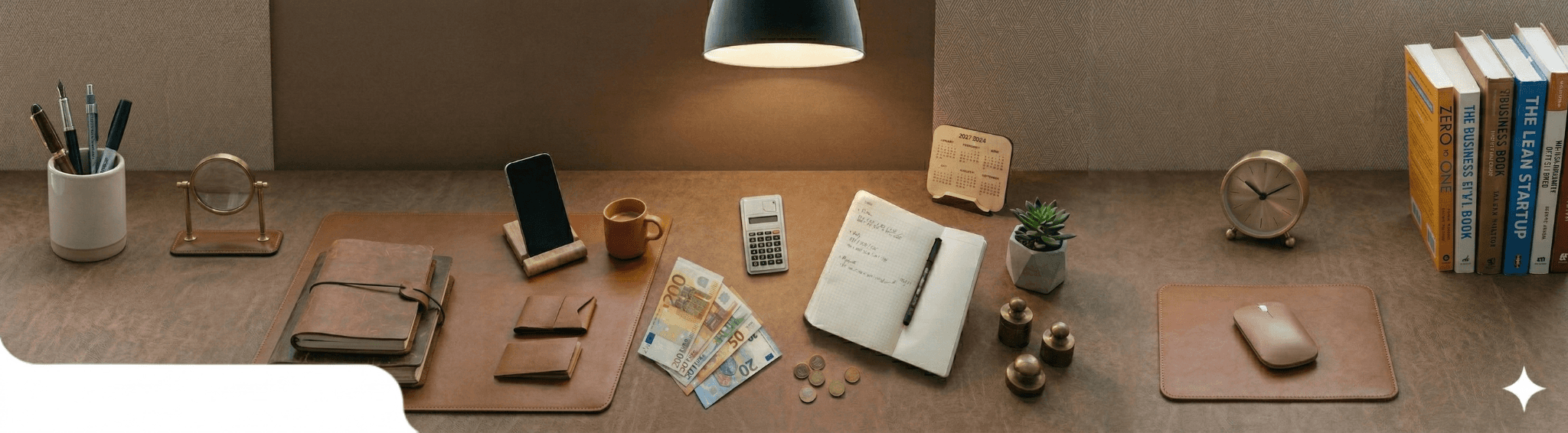 A detailed overhead view of a modern professional workspace featuring leather accessories, tech, and currency. In the center, a stack of Euro banknotes (200€, 50€, 20€, 10€) and a small, unbranded calculator sit next to an open, handwritten notebook with mathematical calculations and a black pen. The desk surface is a textured brown leather, with a matching large leather desk mat on the left and a mouse pad with a wireless mouse on the right. Additional items from left to right include: a ceramic pen holder with four writing tools, a vintage brass-framed desktop magnifying glass, a wooden-base smartphone holder with a dark-screened phone, a small terracotta mug with coffee, two small brown leather cases, a wooden-framed desk calendar showing '2022 NOV', three small brass-toned paperweights, a potted succulent in a geometric grey planter, a brass-toned alarm clock, and a stack of six hardcover business books with clear titles (ZERO TO ONE, THE LEAN STARTUP, etc.). The scene is illuminated by a focused pool of warm, golden light from a large, dark-shaded pendant lamp hanging above the center of the desk. The background is a patterned, textured wall. The small star logo from the original is preserved in the far bottom-right corner. The entire desk is clean, un-blurred, and sharply detailed.