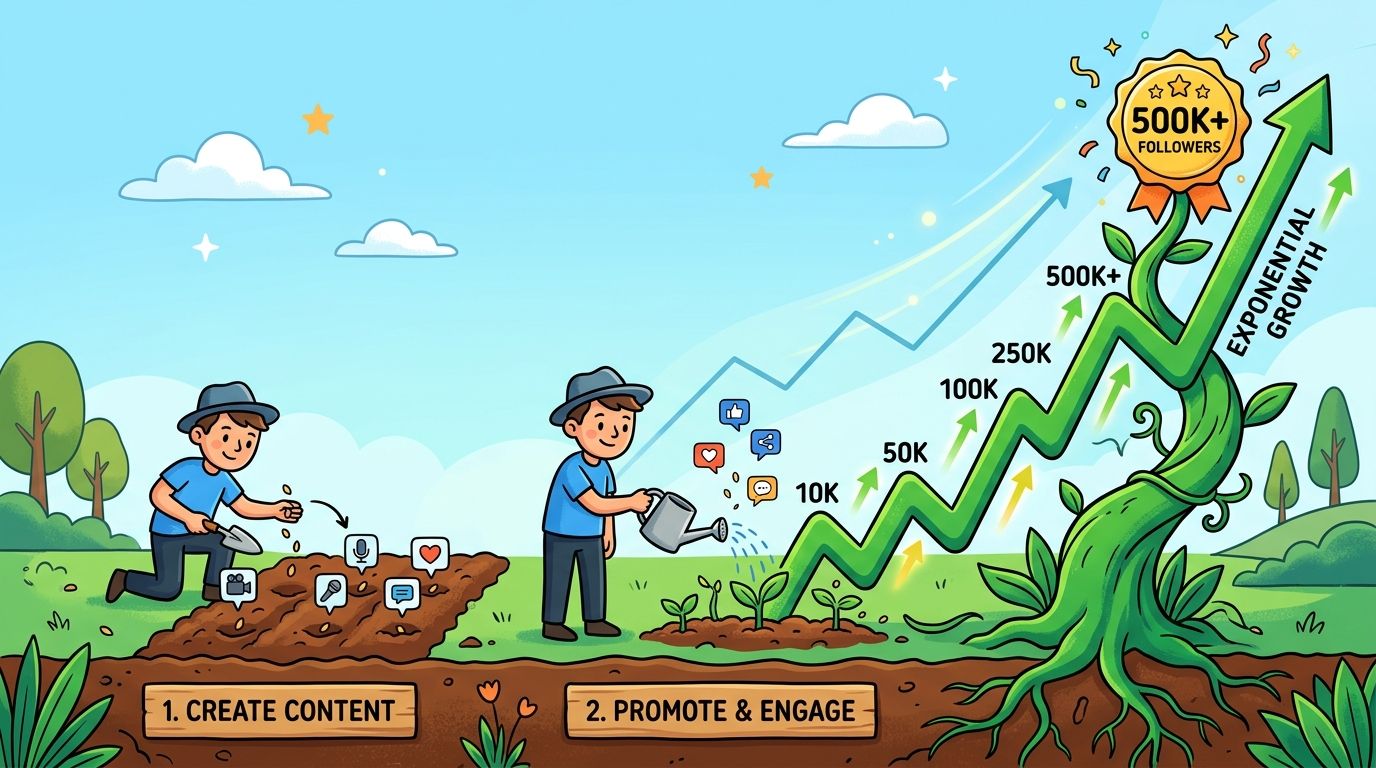 A cartoon showing a person planting content seeds and another watering them to grow a social media following.