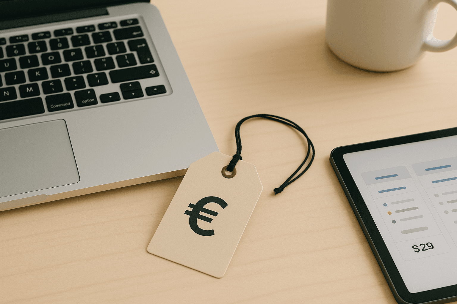 A price tag on a desk with a laptop and tablet