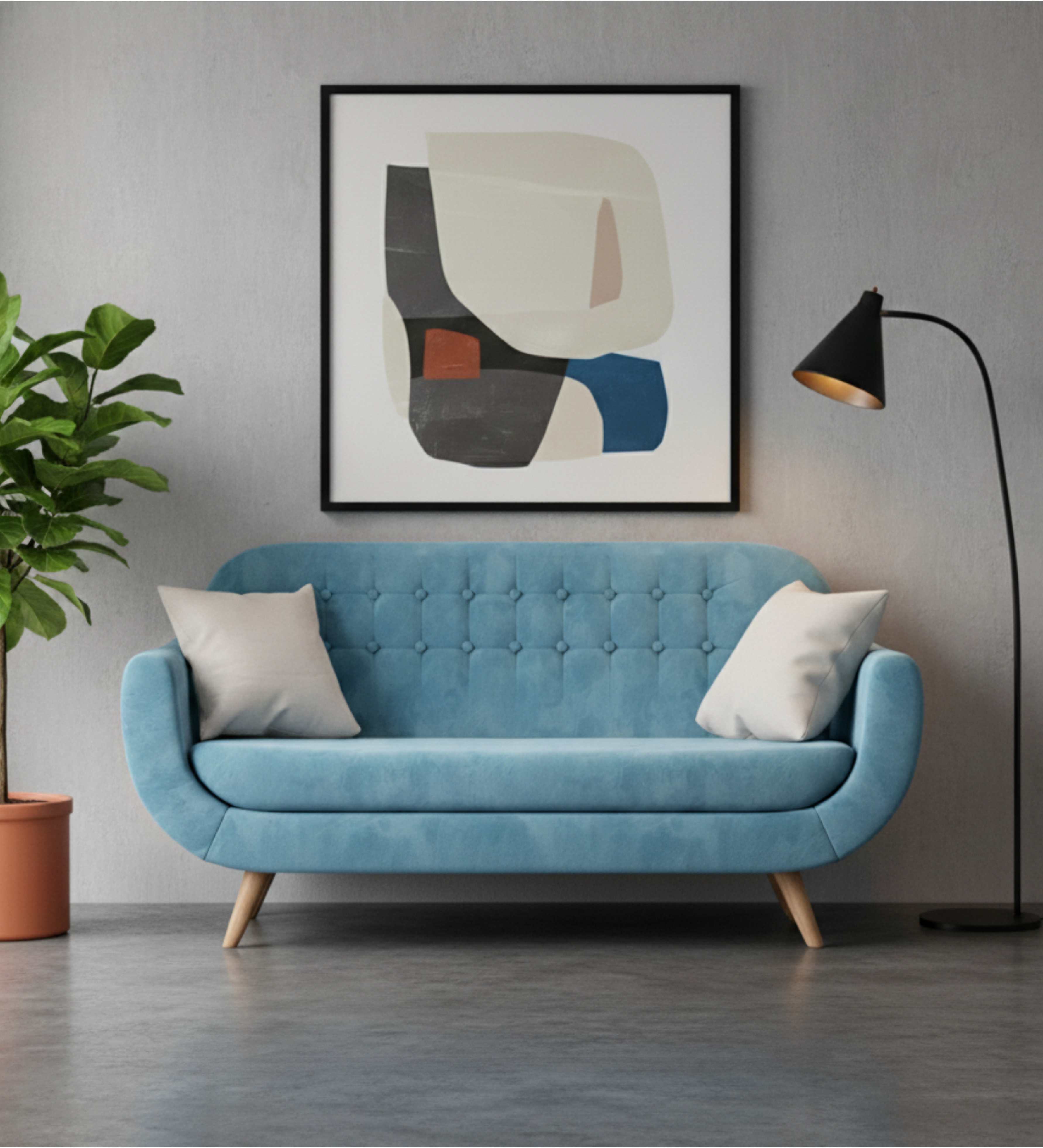 Soft aqua 3-seater with tufted back and curved arms.