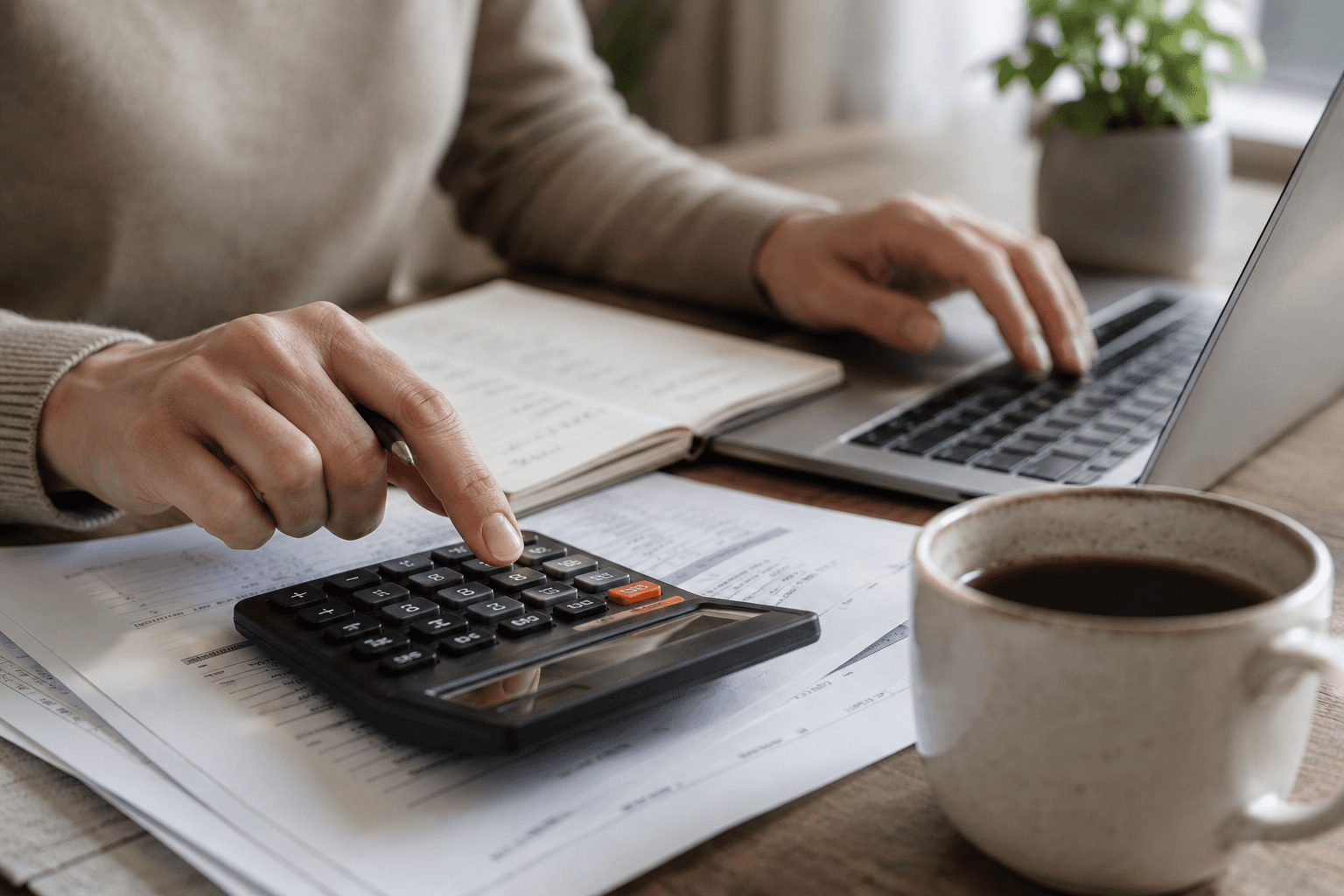 Člověk počítající na kalkulačce finanční rozpočet a optimální pojistné částky pro životní pojištění.