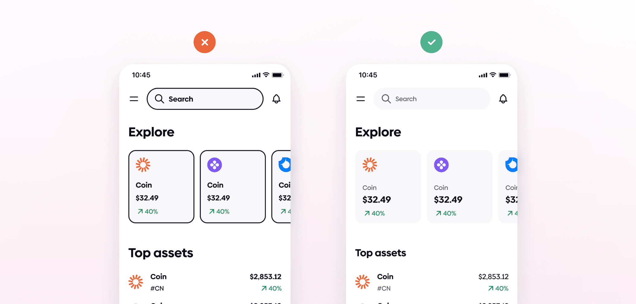 Difference between trying to make every element stand out and using clean and clear visual hierarchy.