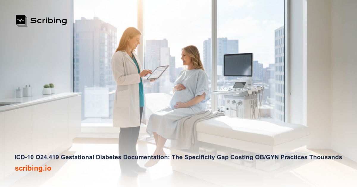 Medical desk with prenatal charts and glucose monitoring tools representing gestational diabetes documentation for OB/GYN coding accuracy
