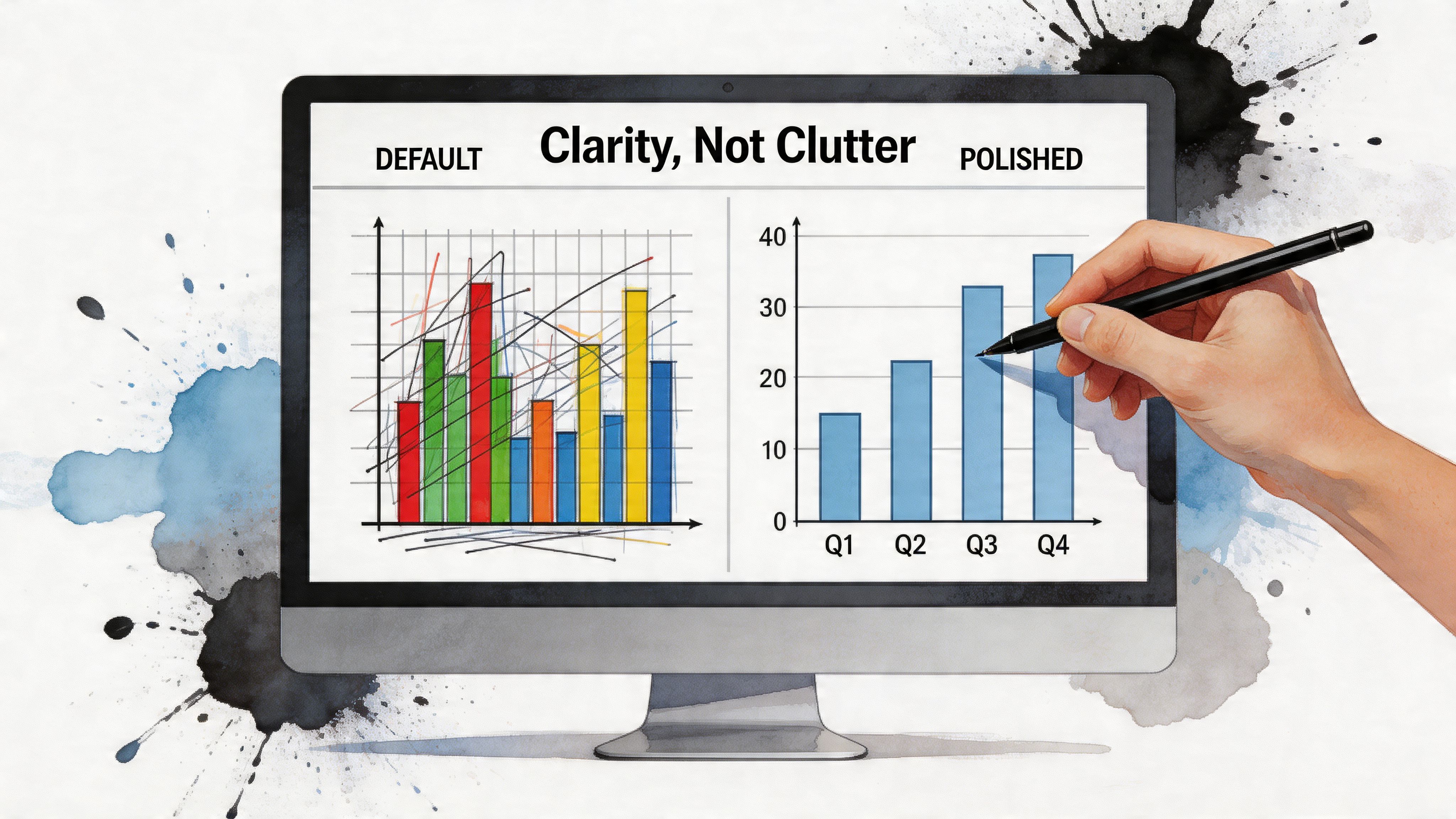 A computer screen displaying a cluttered graph versus a polished, clear bar chart being drawn by hand.