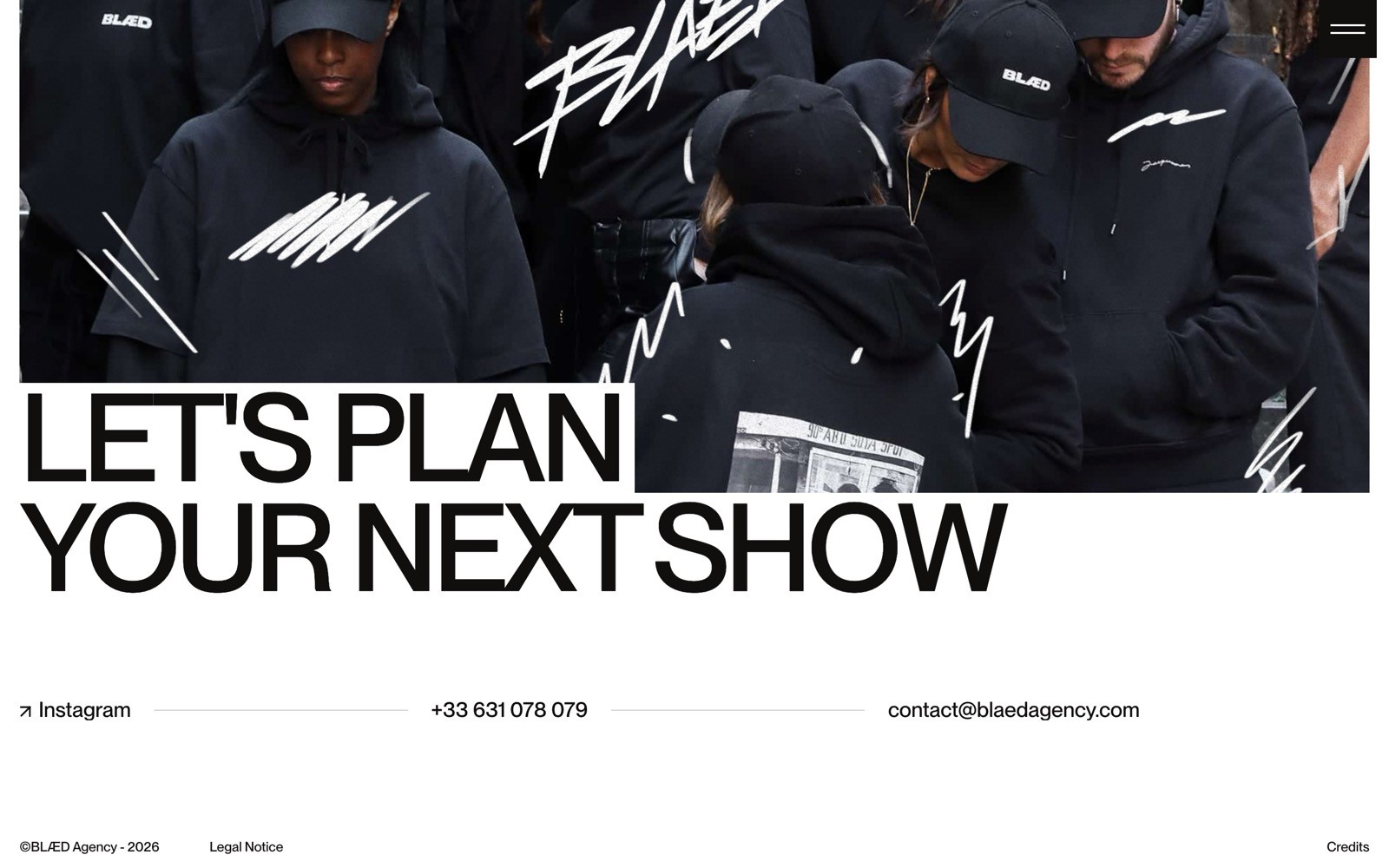 Group of people wearing black caps and hoodies with white scribbles. Large text: "LET'S PLAN YOUR NEXT SHOW". Contact details below.