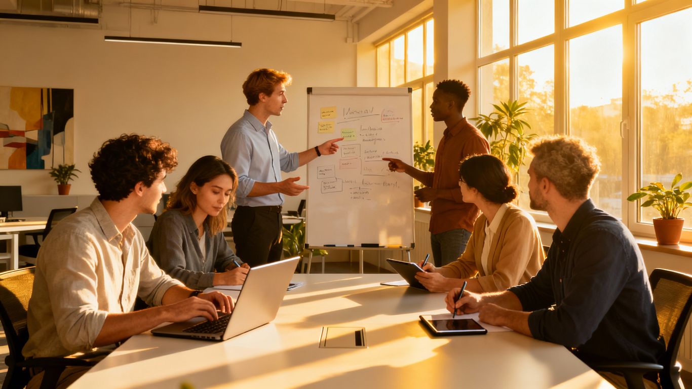 B2B marketing team collaborating in a modern office.