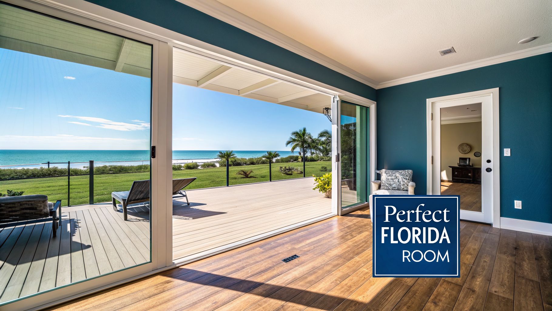 A bright Florida room with large sliding doors showcasing a stunning ocean and beach view.