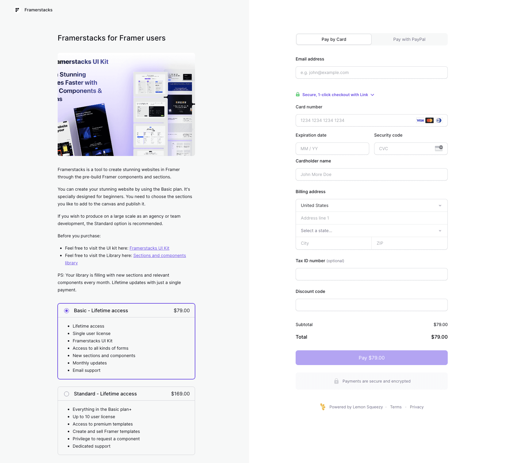 Framerstacks checkout page in lemon squeezy